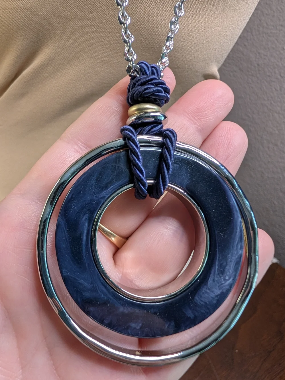 Chico's Silver-Tone Long Necklace with Blue Circular Resin Marbled Pendant